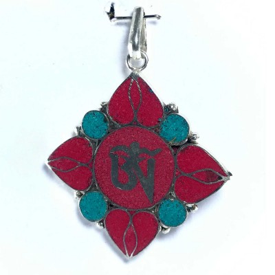 White Metal Om Pendant, Double Dorje Design With Stone Setting
