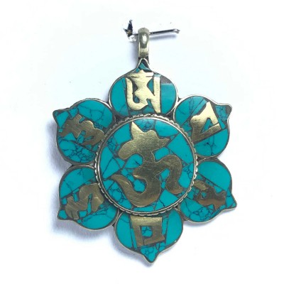 White Metal Om Mani Padme Hum Pendant With Stone Setting
