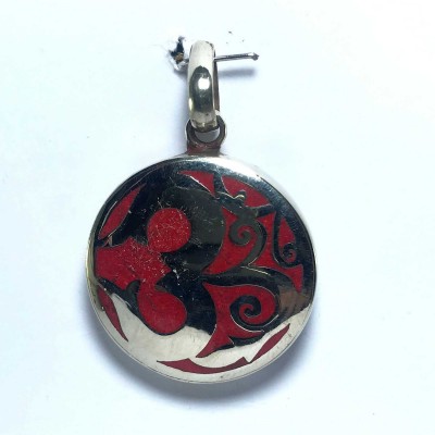 White Metal Red Om Pendant With Stone Setting