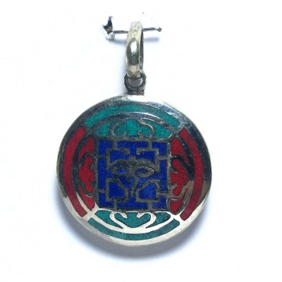 White Metal Buddha Eye Mandala Pendant With Stone Setting