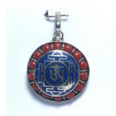 White Metal Om Mandala Pendant With Stone Setting