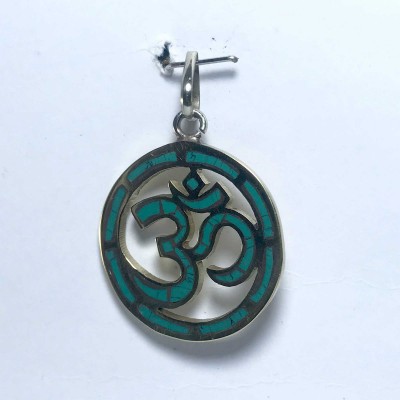 White Metal Tourquise Color Om Pendant With Stone Setting