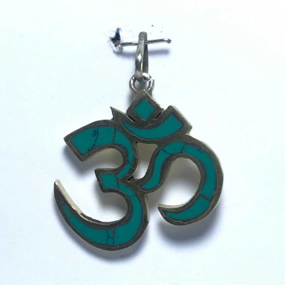 White Metal Tourquise Color Om Pendant With Stone Setting