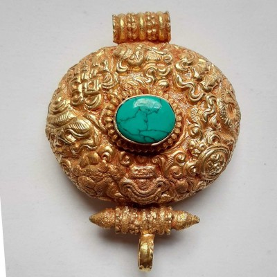Tibetan Ashtamangala Ghau Amulet, [gold Plated] And [stone Setting]