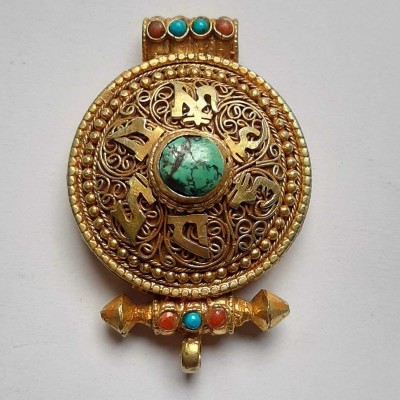 Tibetan Om Mani Padme Hum Ghau Amulet, [gold Plated] And [stone Setting]