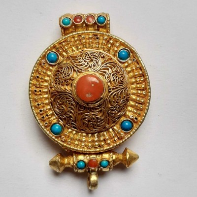 Tibetan Ghau Amulet, [gold Plated] And [stone Setting]