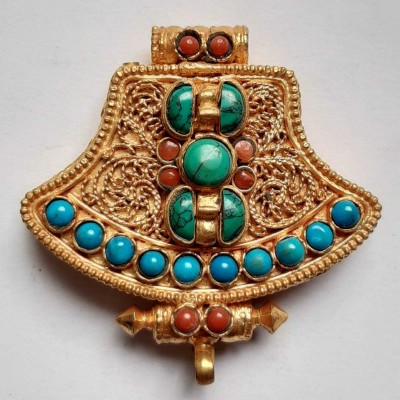 Tibetan Ghau Amulet, [gold Plated] And [stone Setting]