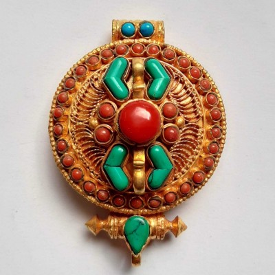 Tibetan Ghau Amulet, [gold Plated] And [stone Setting]