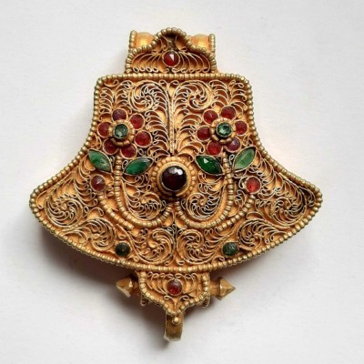 Tibetan Ghau Amulet, [gold Plated] And [stone Setting]
