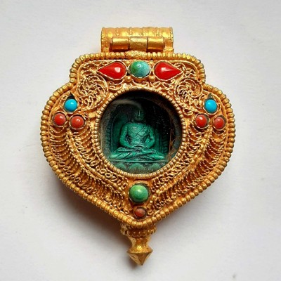 Tibetan Buddha Ghau Amulet, [gold Plated] And [stone Setting]