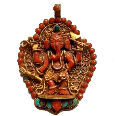 Tibetan [silver] Real Coral Ganesh Ghau Amulet, [gold Plated] And [stone Setting]