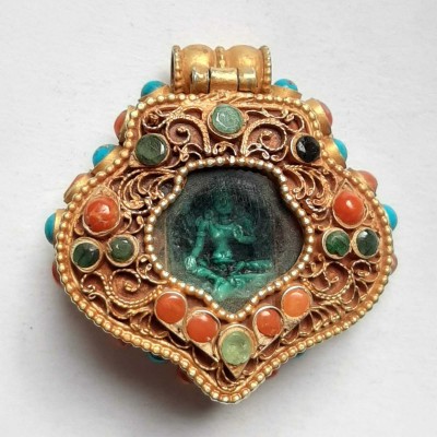 Tibetan [silver] Green Tara Ghau Amulet, [gold Plated] And [stone Setting]