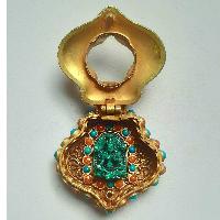 Tibetan [silver] Green Tara Ghau Amulet, [gold Plated] And [stone Setting]