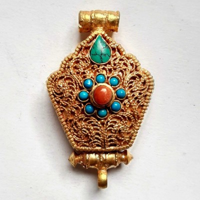 Tibetan Ghau Amulet, [gold Plated] And [stone Setting]