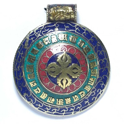 Metal Double Dorje Om Mani Padme Hum Pendant With Stone Setting
