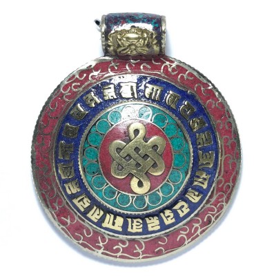 Metal Endless Knot And Om Mani Padme Hum Pendant With Stone Setting