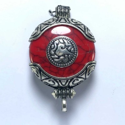 Metal Double Side Pendant With [stone Setting], [imitation Coral]