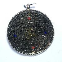 Metal Double Side [om, Mandla] Pendant With Stone Setting