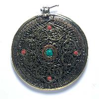 Metal Double [om, Double Dorje] Side Pendant With [stone Setting]