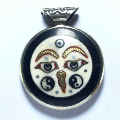 Metal Double Side [buddha Eye, Om] Pendant With [stone Setting]