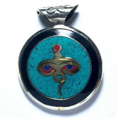 Metal Double Side [buddha Eye, Om] Pendant With [stone Setting]