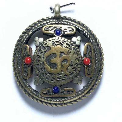 Metal Double Side [om, Double Dorje]pendant With [stone Setting]