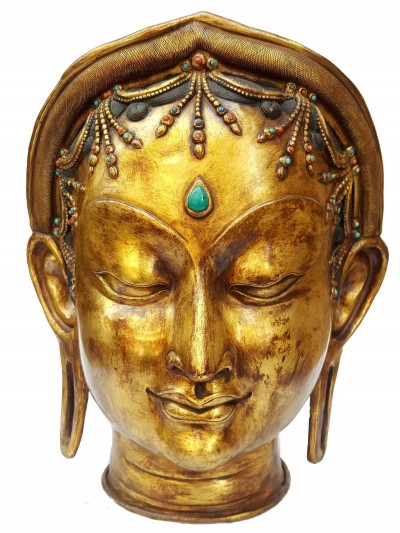 Tibetan Statue Of Green Tara Head [full Fire Gold Plated], Antique Finishing