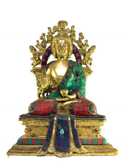 Statue Of Statue Of Blessing Buddha On Throne With [stone Setting]