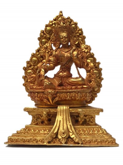 Statue Of Green Tara On Throne, [full Gold Plated]