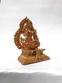 Statue Of Green Tara On Throne, [full Gold Plated]