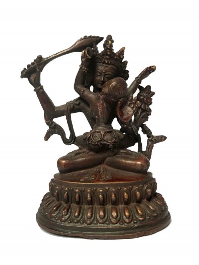 Tibetan Statue Of Manjushri With Consort, [shakti], Yab-yum, On Double Lotus Base [chocolate Oxidized]