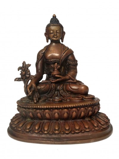 Tibetan Statue Of Medicine Buddha, On Double Lotus Base [chocolate Oxidized]