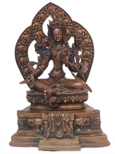 Tibetan Statue Of Green Tara,on Throne, [silver Plated Oxidized]