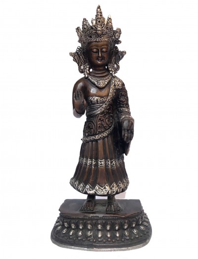Tibetan Statue Of Dipankara Buddha, [silver Plated Oxidized]