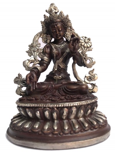 Tibetan Statue Of White Tara, Double Lotus Base, [silver Plated Oxidized]
