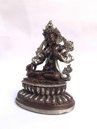 Tibetan Statue Of White Tara, Double Lotus Base, [silver Plated Oxidized]