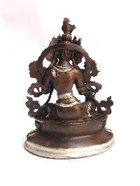 Tibetan Statue Of Green Tara, Double Lotus Base, [silver Plated Oxidized]