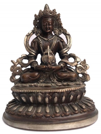 Tibetan Statue Of Aparimita, Double Lotus Base, [silver Plated Oxidized], Chepame, Amitayus