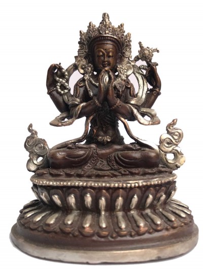 Tibetan Statue Of Avalokiteshvara, Chenrezig, Double Lotus Base, [silver Plated Oxidized]