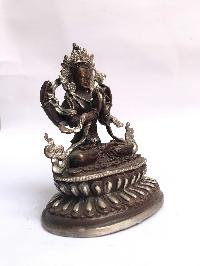 Tibetan Statue Of Avalokiteshvara, Chenrezig, Double Lotus Base, [silver Plated Oxidized]