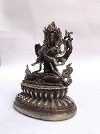 Tibetan Statue Of Avalokiteshvara, Chenrezig, Double Lotus Base, [silver Plated Oxidized]