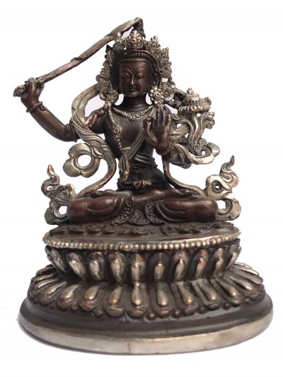 Tibetan Statue Of Manjushri, Double Lotus Base, [silver Plated Oxidized]