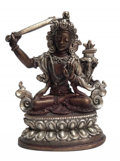 Tibetan Statue Of Manjushri, Double Lotus Base, [silver Plated Oxidized]