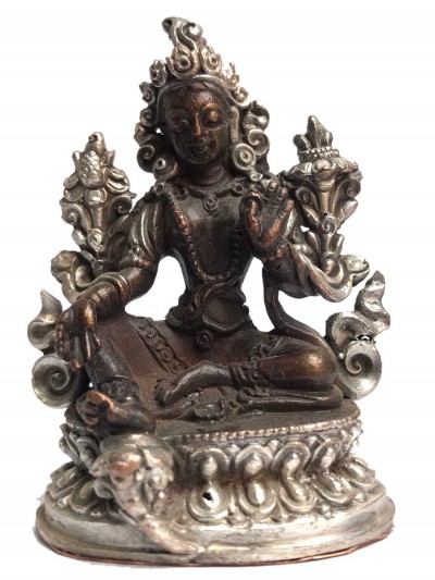 Tibetan Statue Of Green Tara, Double Lotus Base, [silver Plated Oxidized]