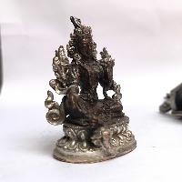 Tibetan Statue Of Green Tara, Double Lotus Base, [silver Plated Oxidized]