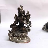 Tibetan Statue Of Green Tara, Double Lotus Base, [silver Plated Oxidized]