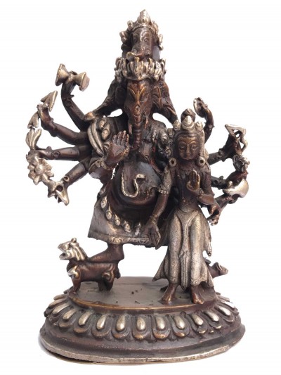 Tibetan Statue Of Ganesh With Consort, [shakti], Yab-yum, [silver Plated Oxidized]