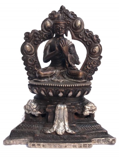 Tibetan Statue Of Vairochana Buddha, On Throne, [silver Plated Oxidized]