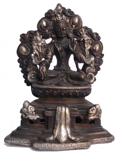 Tibetan Statue Of White Tara, On Throne, [silver Plated Oxidized]