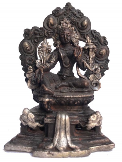 Tibetan Statue Of Green Tara, On Throne, [silver Plated Oxidized]